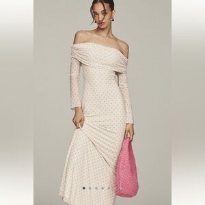 Anthropologie AFRM Cream Off-Shoulder Dress with Pink Dots